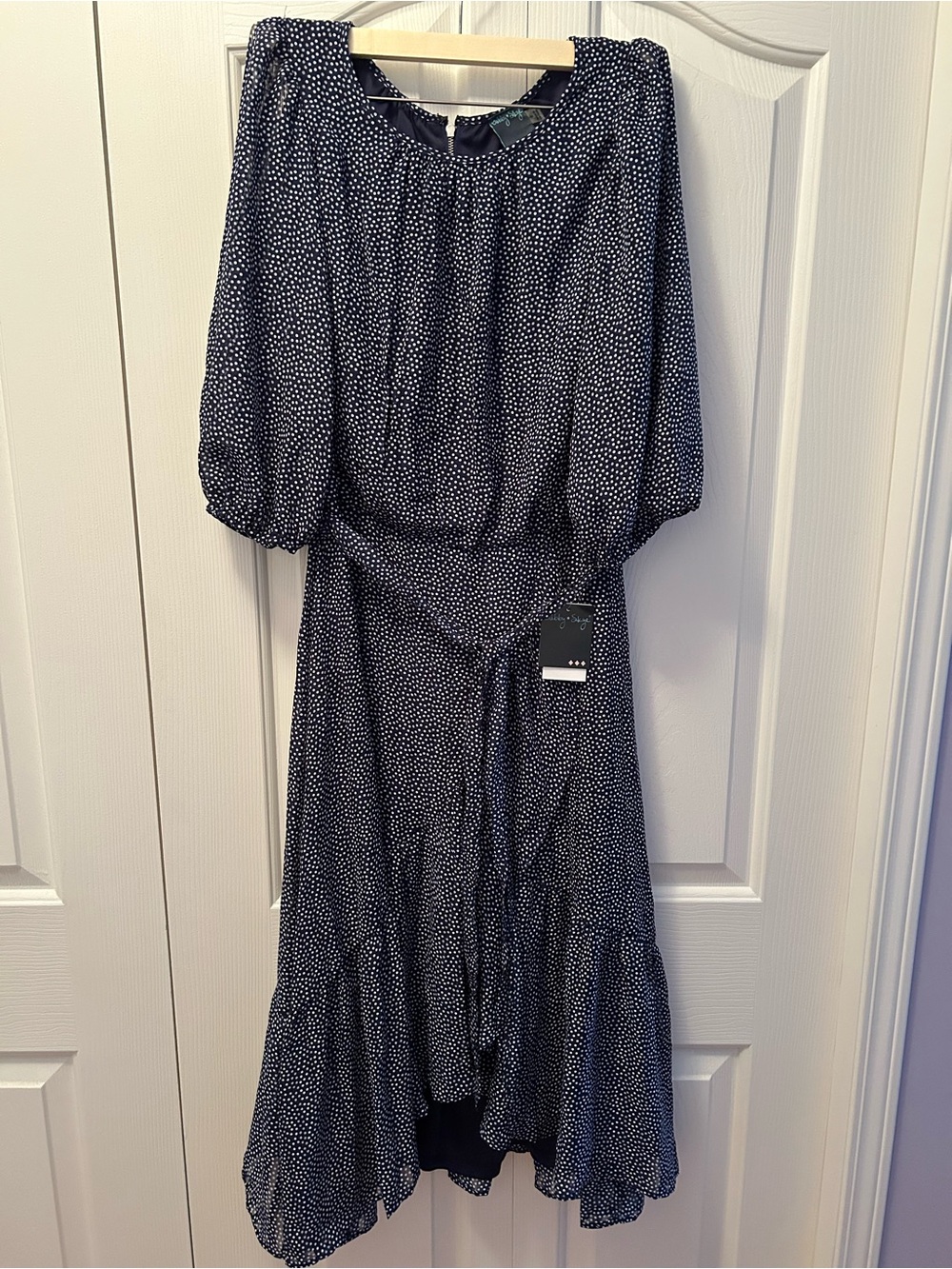 Gabby Skye Navy and White Polka Dot Midi Dress